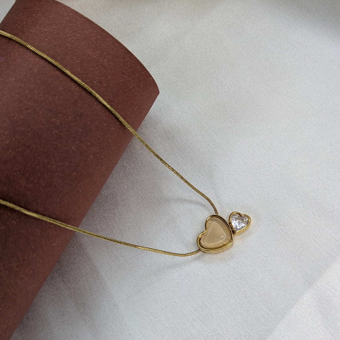 Gold Tone Twin Heart Pendant with Glossy Beige Stone & Stud For Girls & Women