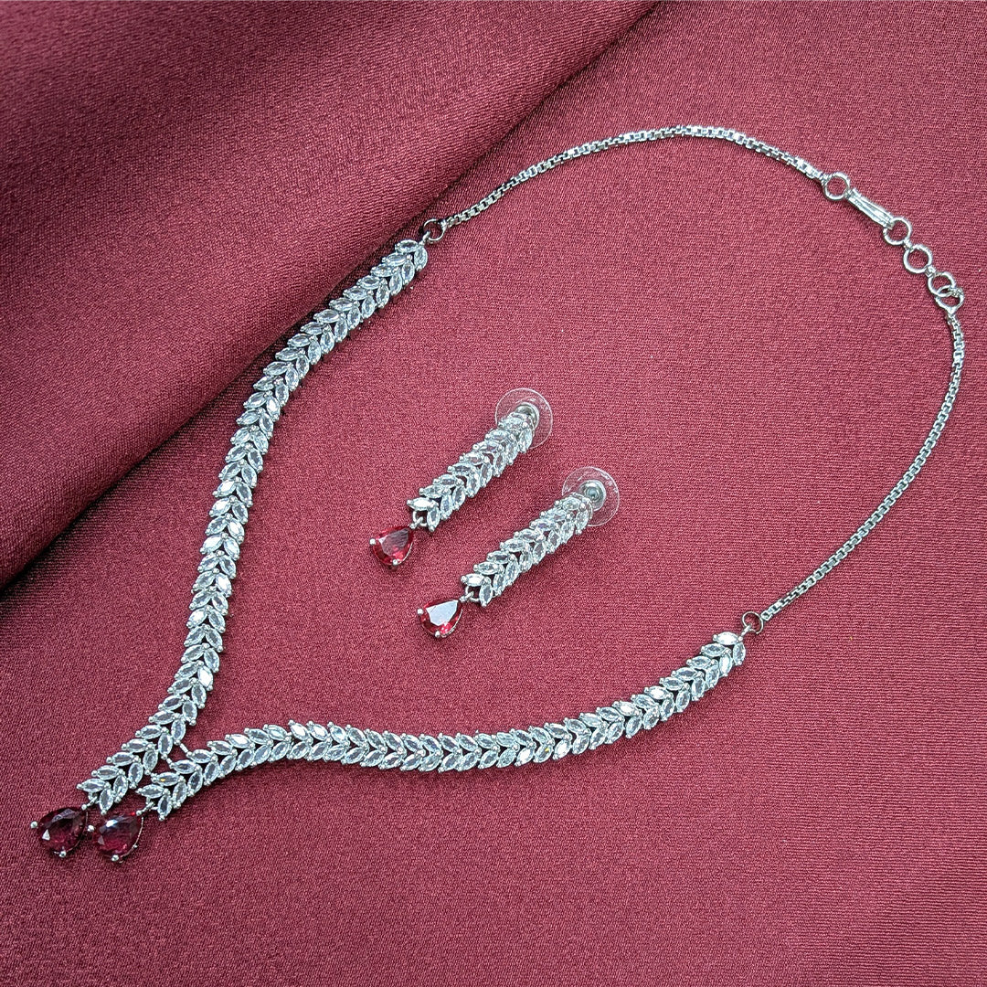 Silver Finish Leaf Design AD Teardrop Stones Necklace Set for Girls & Women