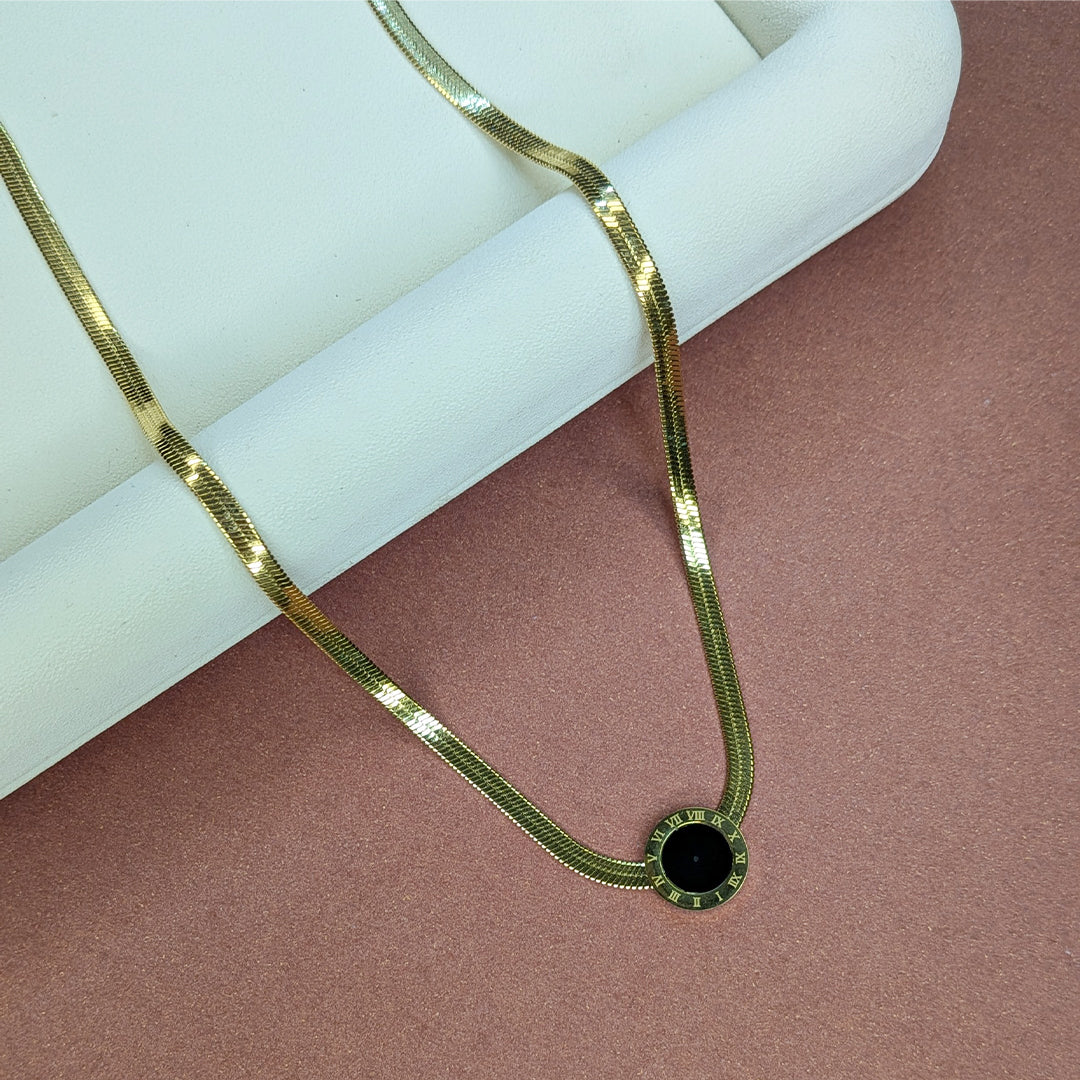 Premium Gold Plated Black Enamel Roman Circle Pendant For Girls & Women