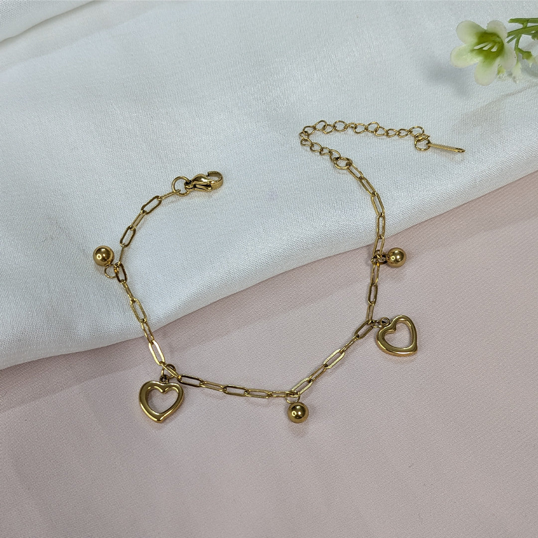Gold Finish Heart Drops Link Chain Bracelet For Girls & Women