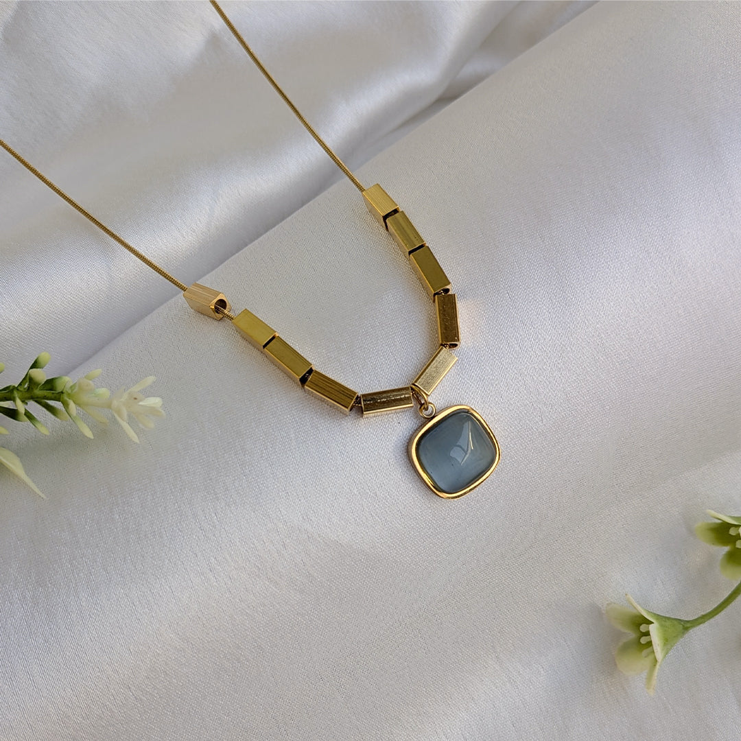Gold Plated Square Grey Stone Geometric Pendant For Girls & Women