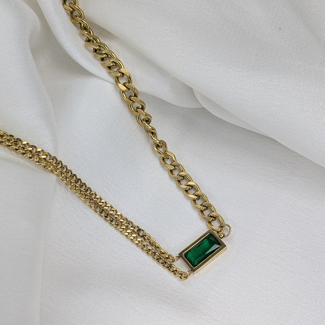 Gold Finish Double Layer Chain With Rectangle Green Stone Emerald Pendant For Girls & Women
