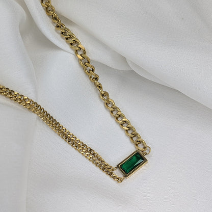 Gold Finish Double Layer Chain With Rectangle Green Stone Emerald Pendant For Girls & Women
