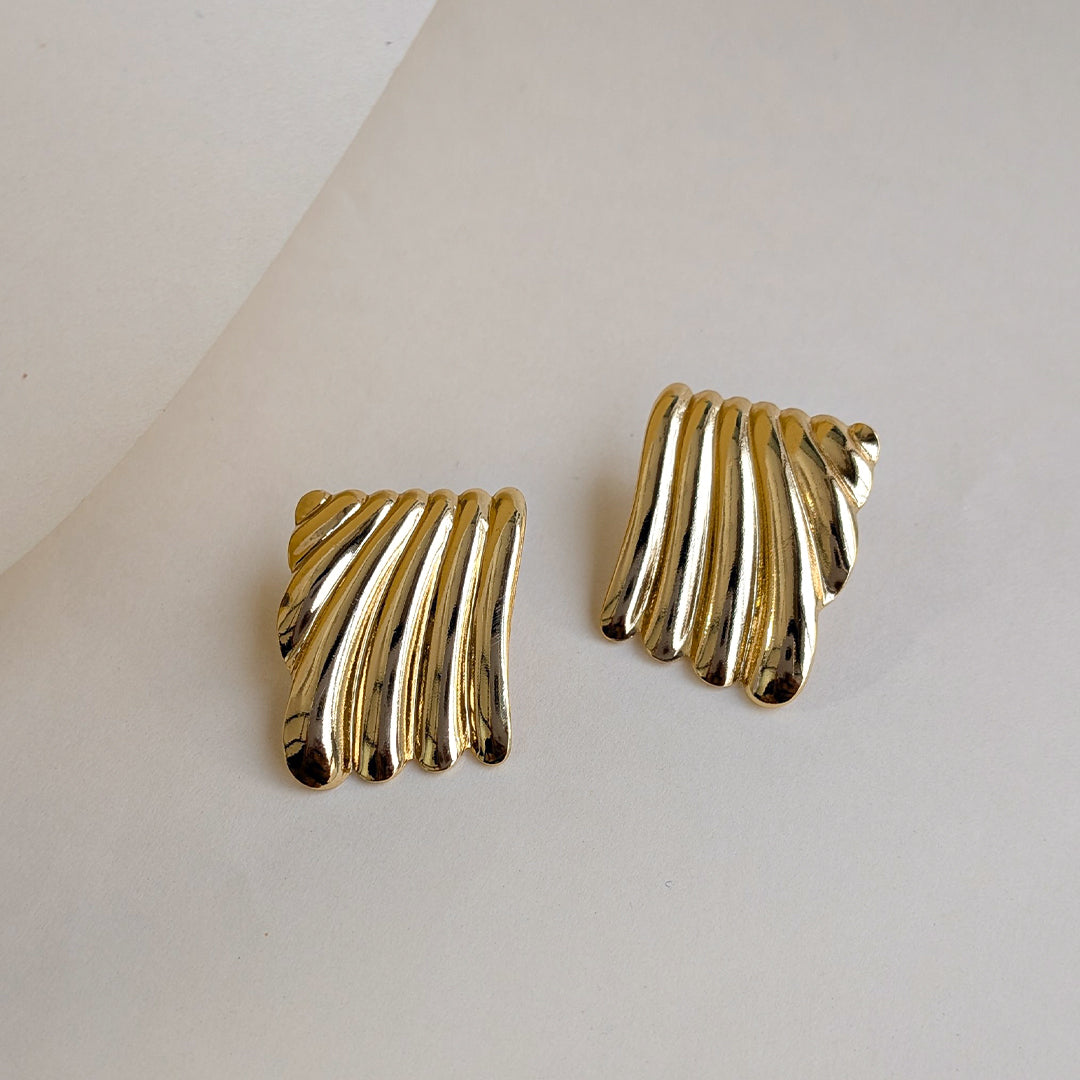 Gold Finish Ripple Fan Textured Stud Earrings For Girls & Women (Anti Tarnish)