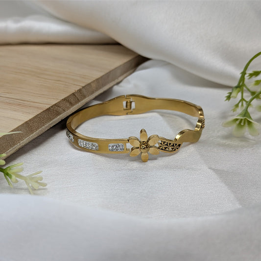 Gold Finish Floral Bracelet with AD Stone Accents For Girls & Women