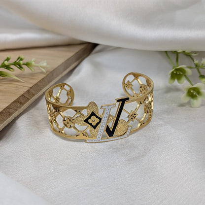 Gold Finish Brand Inspired Cutout Cuff Bracelet For Girls & Women