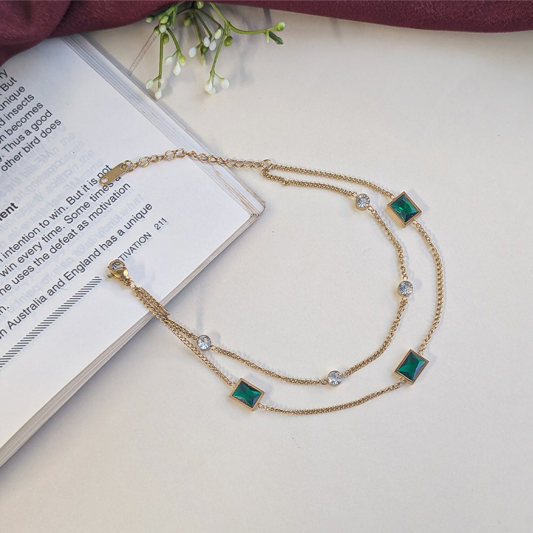 Gold Finish Green Square Stone Accents Charm Anklet For Girls & Women