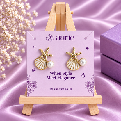 Gold Tone Starfish Shell & Faux Pearl Drop Korean Earrings for Women & Girls