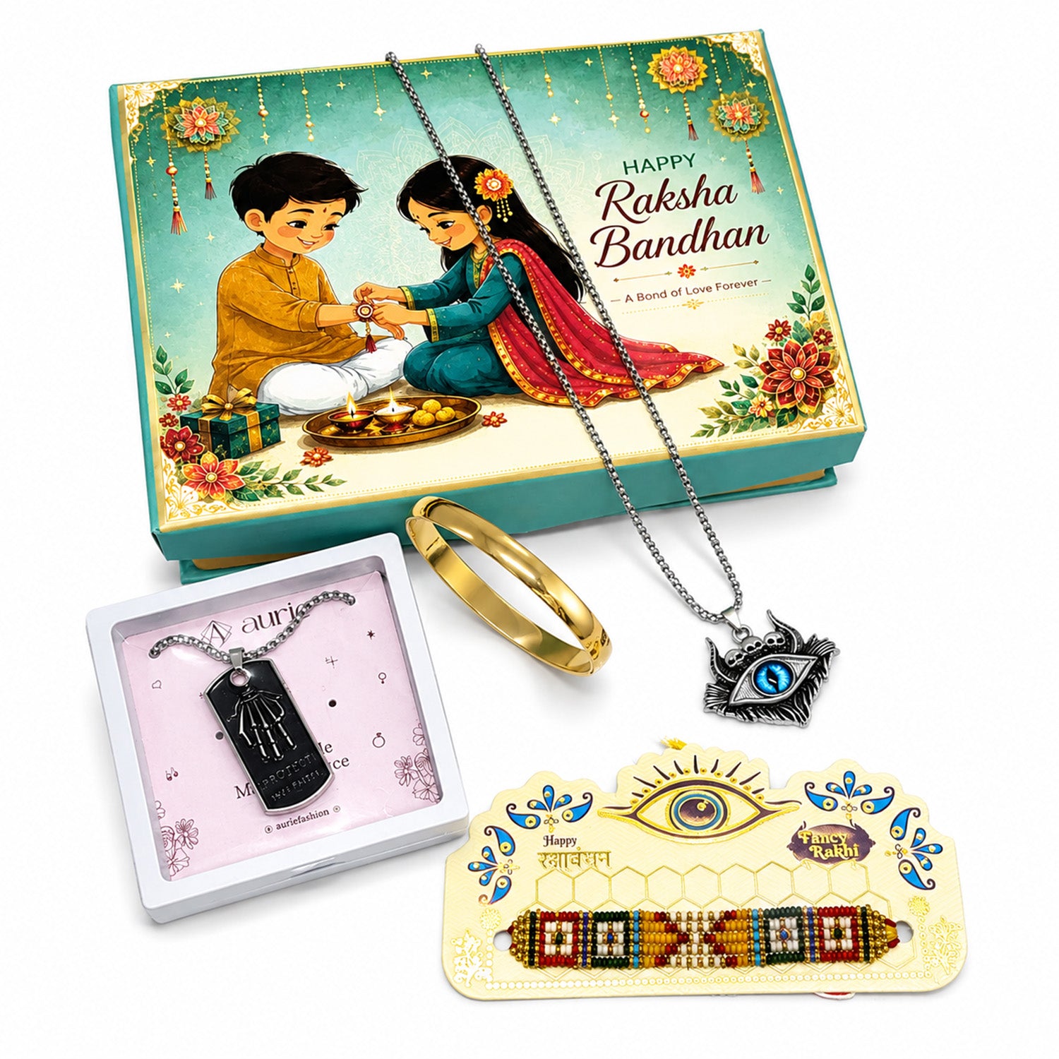 Designer Rakhi with Black Pendant Necklace, Gold Finish Kada Bracelet & Premium Gift Box