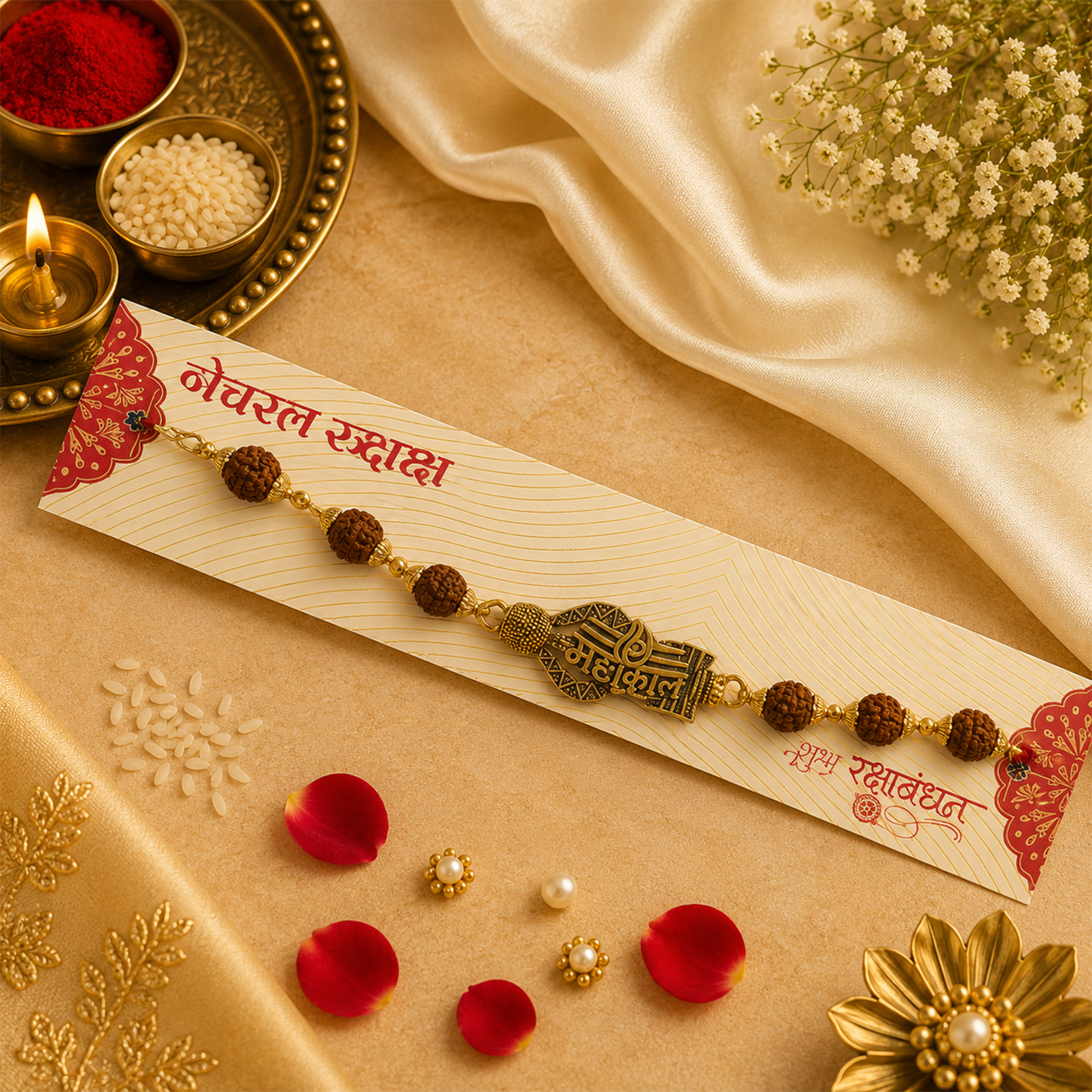 Mahakal Trishul Rudraksha Rakhi with Natural Rudraksha Beads