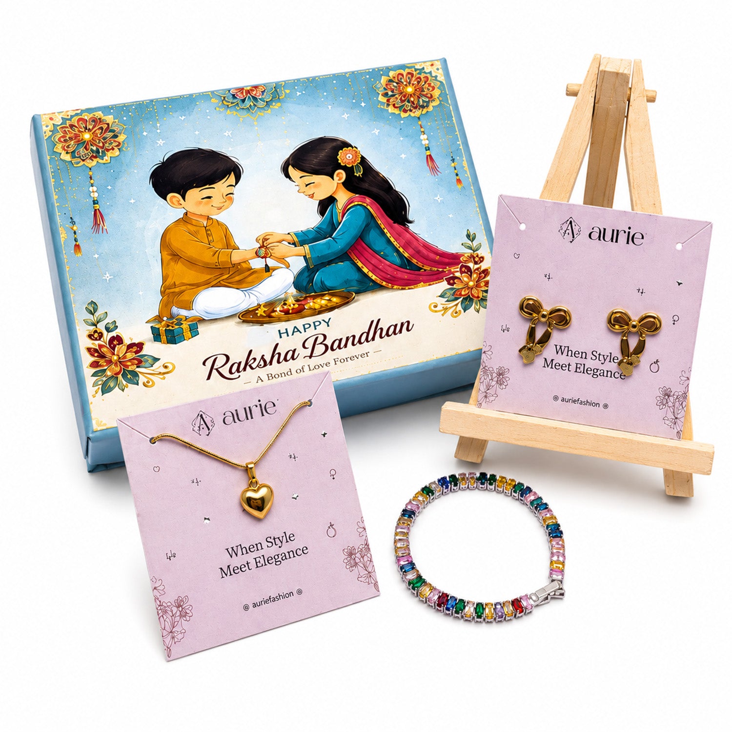 Heart Pendant Necklace, Bow Design Earrings & Multicolor Bracelet Jewellery Gift Box