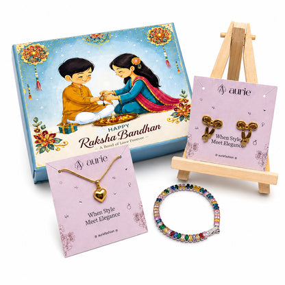 Heart Pendant Necklace, Bow Design Earrings & Multicolor Bracelet Jewellery Gift Box
