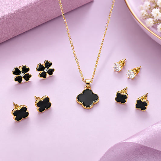 Black Four Leaf Pendant With 4 Earring Set