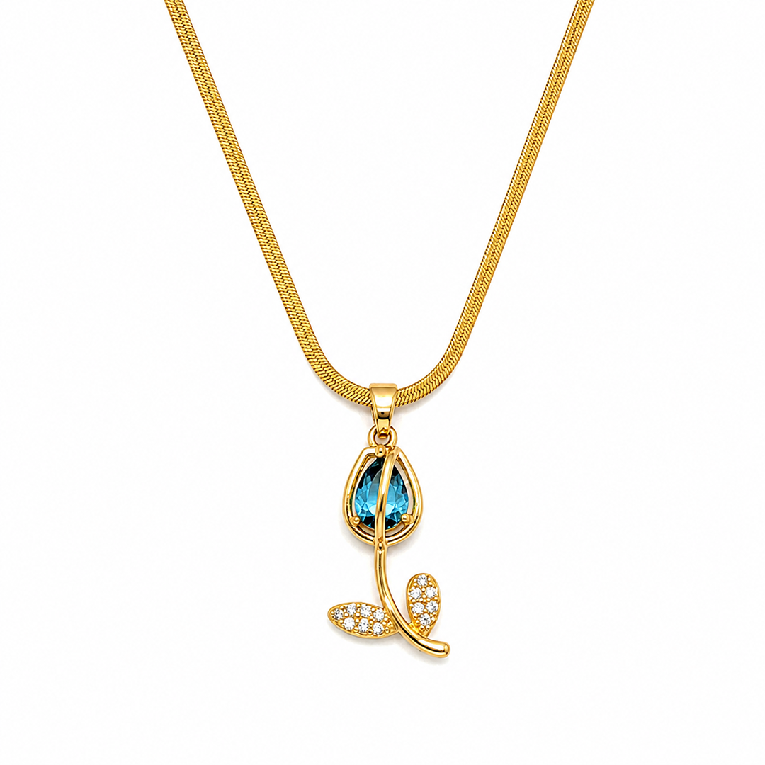 CZ Stone Centerpiece & Crystal Accented Leaves Tulip Pendant for Girls & Women