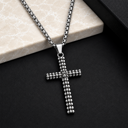 Silver-Tone Beaded Cross Pendant for Men