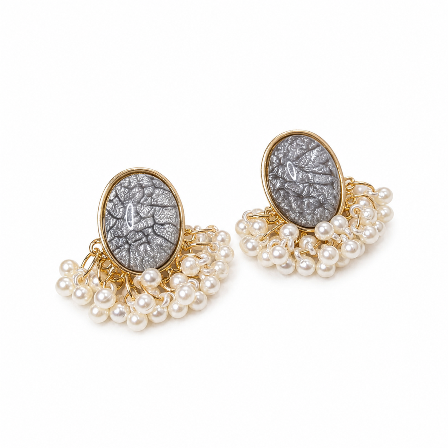 Oval Stone Pearl Stud Earrings with Pearl Tassel for Women & Girls