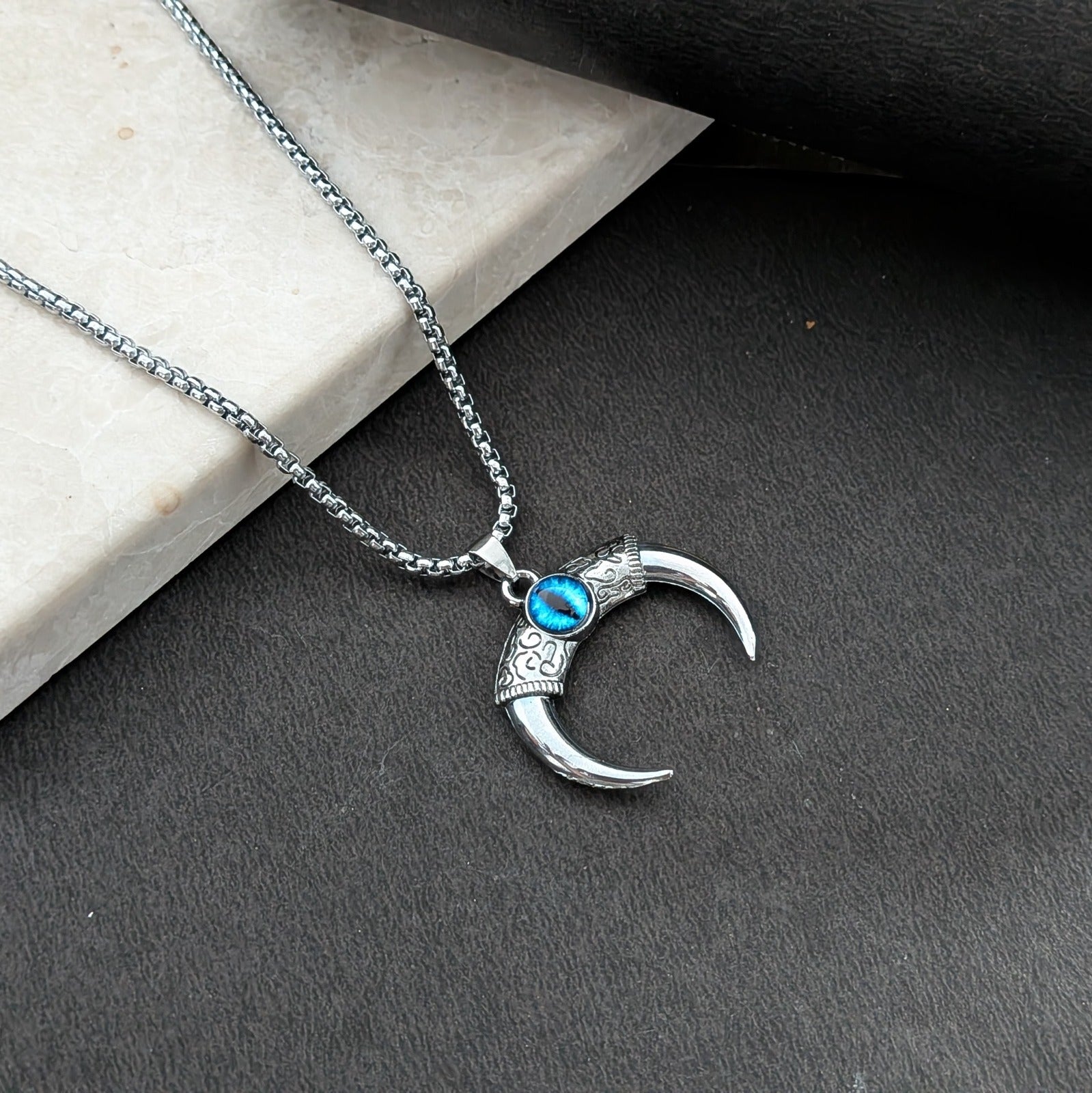 Crescent Horn Pendant Necklace with Blue Eye for Men & Boys