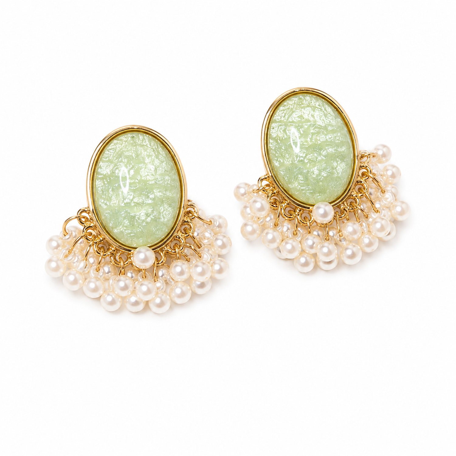 Oval Stone Pearl Stud Earrings with Pearl Tassel for Women & Girls