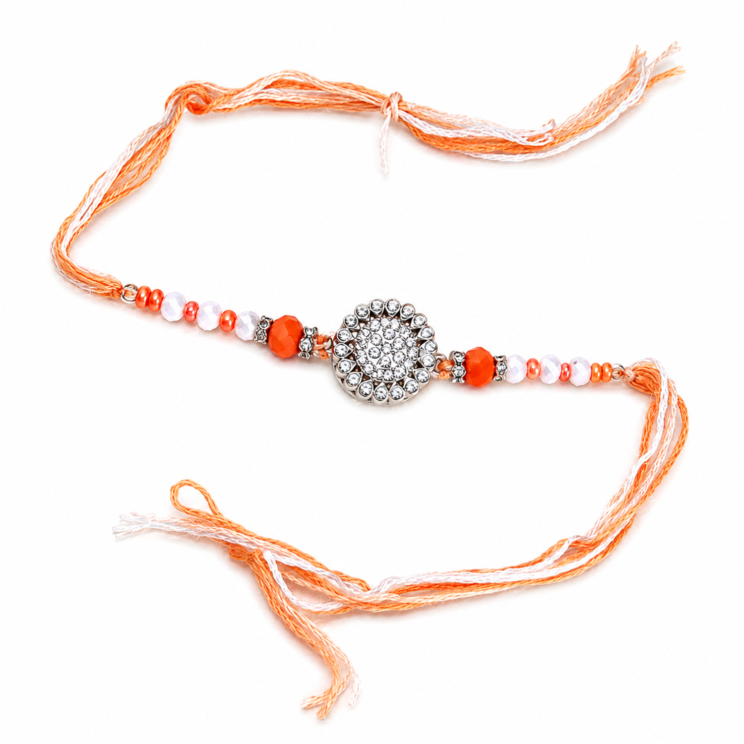 Elegant Crystal Floral Rakhi with Orange & White Beads