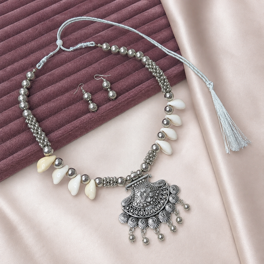 Oxidized Silver Tribal Shell Pendant Set for Girls & Women