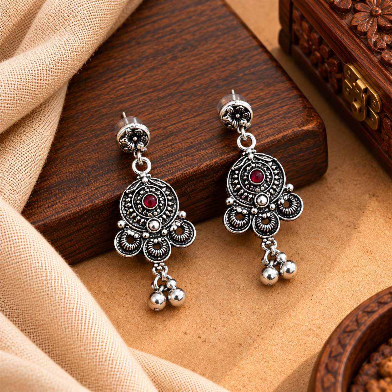 Ethnic Multi-Stone Silver-Tone Beaded Necklace and Earring Set