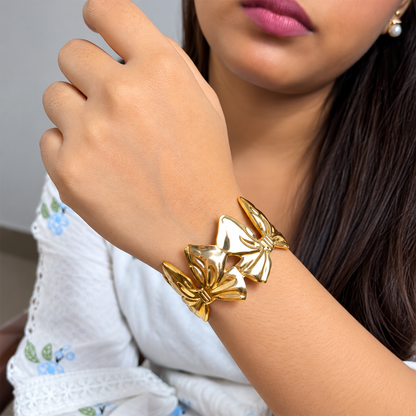 Gold-Tone Alloy Bow Cuff Bracelet for Women & Girls