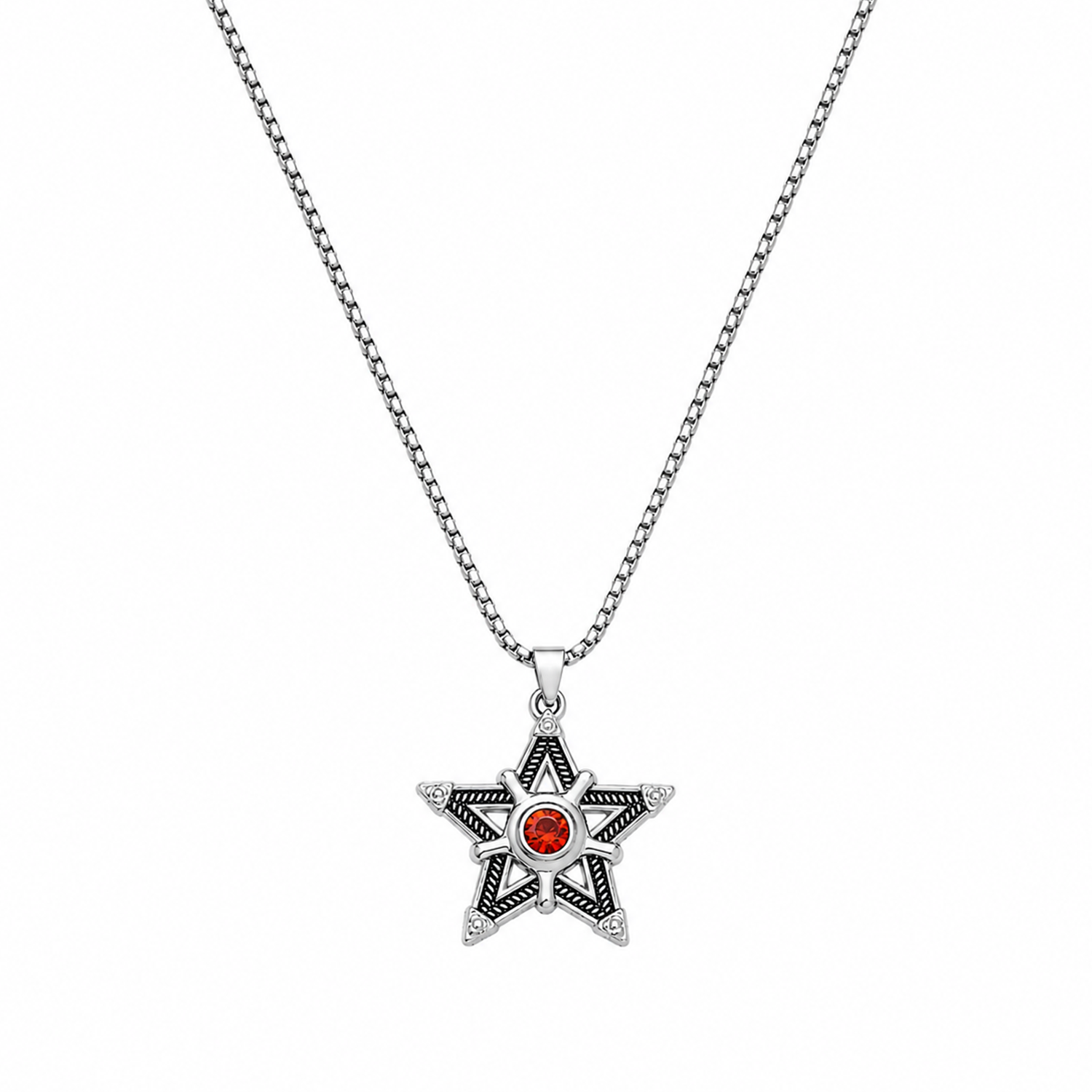 Silver Star Pendant Necklace with Stone for Men & Boys