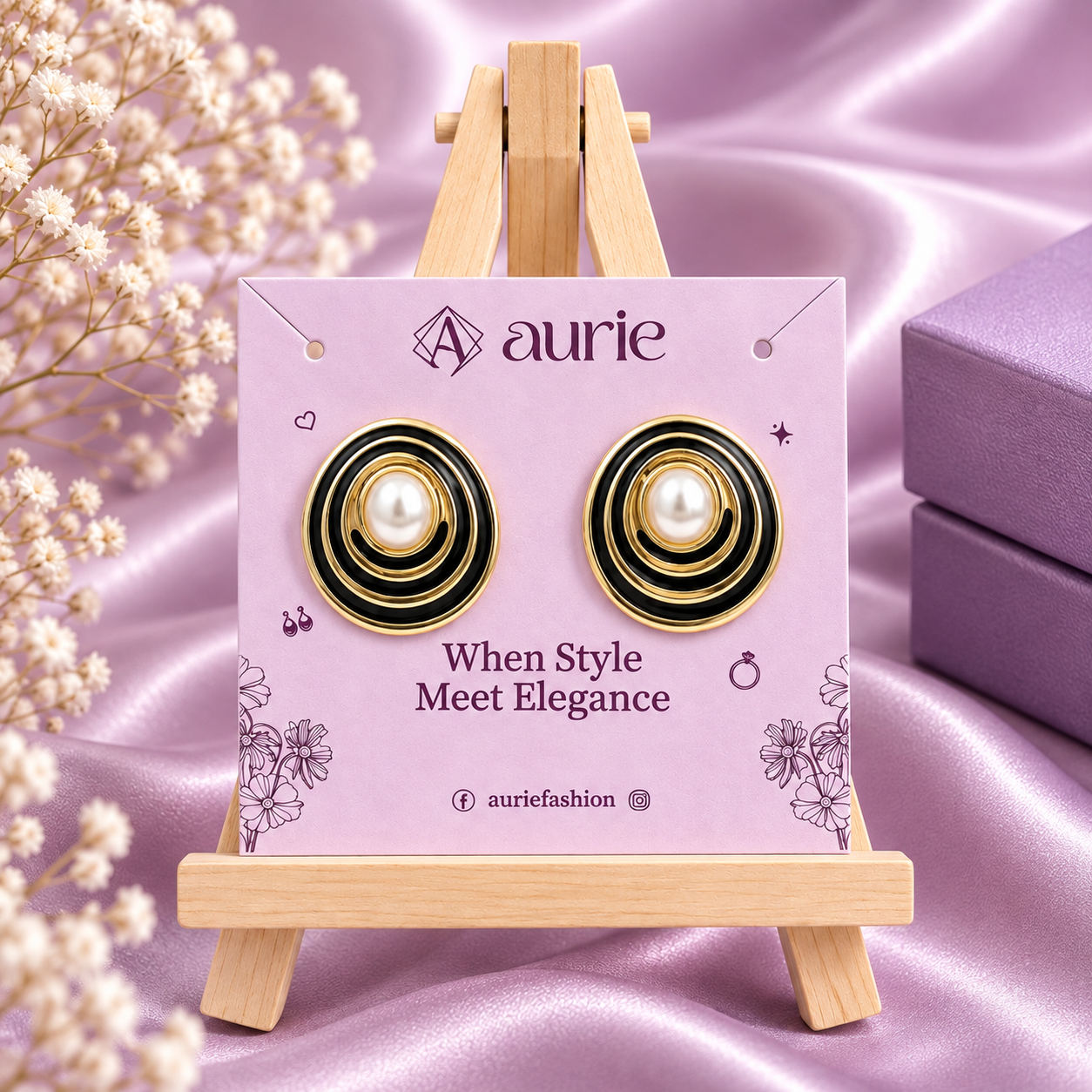 Gold Tone Black Enamel Pearl Korean Earrings for Women