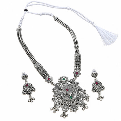 Ethnic Multi-Stone Silver-Tone Beaded Necklace and Earring Set