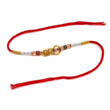 Designer Red Thread Rakhi with Gold-Tone Beads