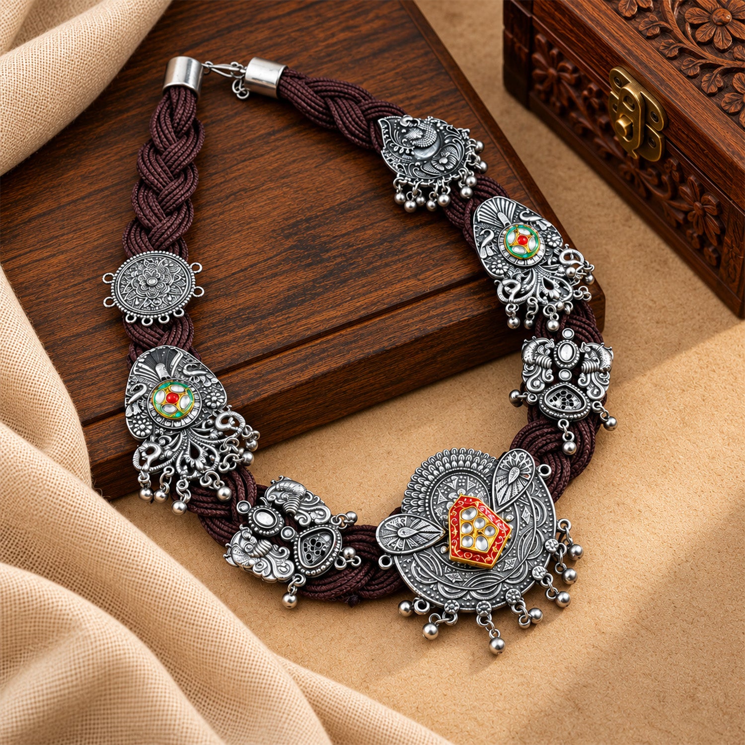 Tribal Oxidized Silver Necklace with Meenakari Ethnic Jewellery Set