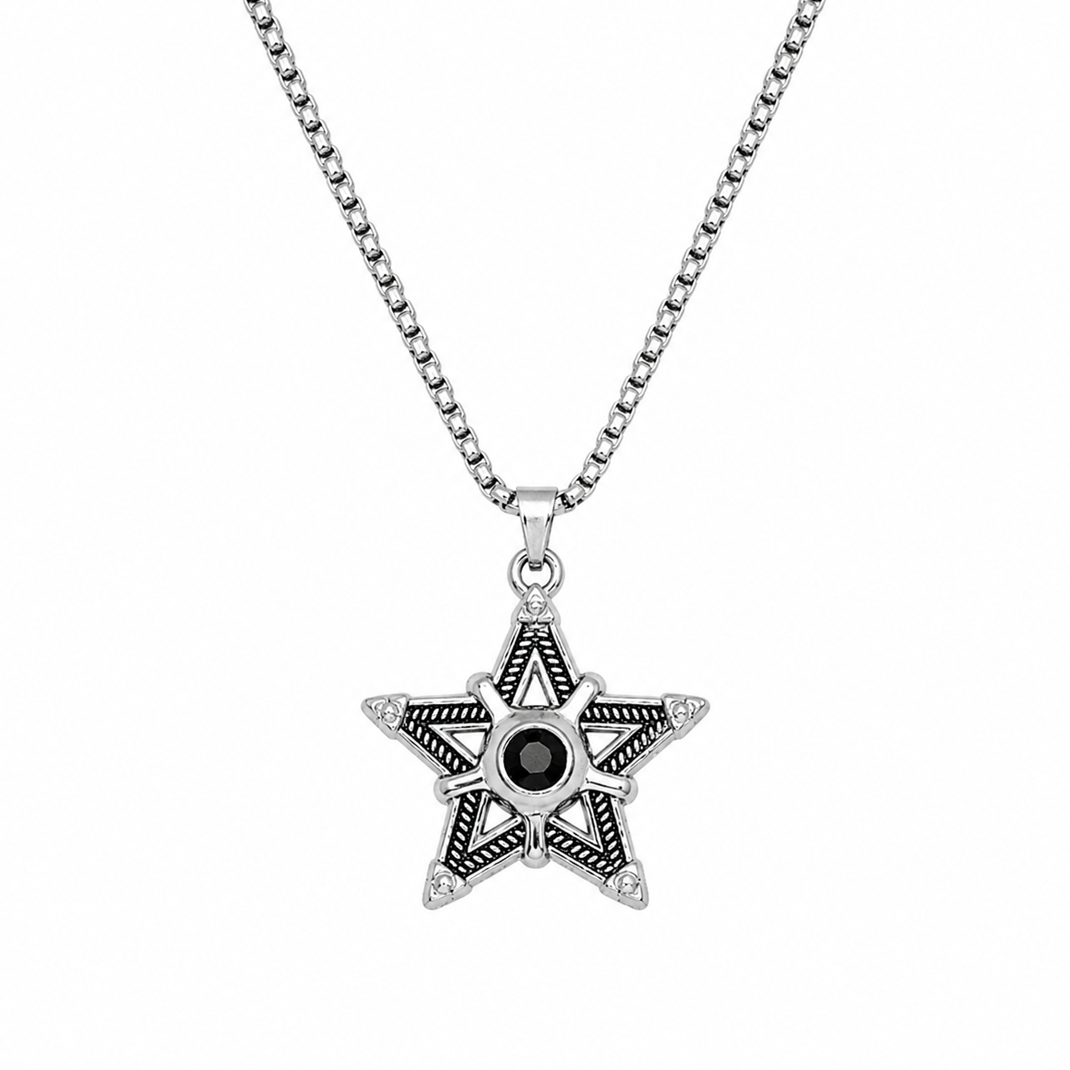 Silver Star Pendant Necklace with Stone for Men & Boys