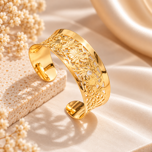 Gold Tone Floral Engraved Cuff Bracelet for Women & Girls