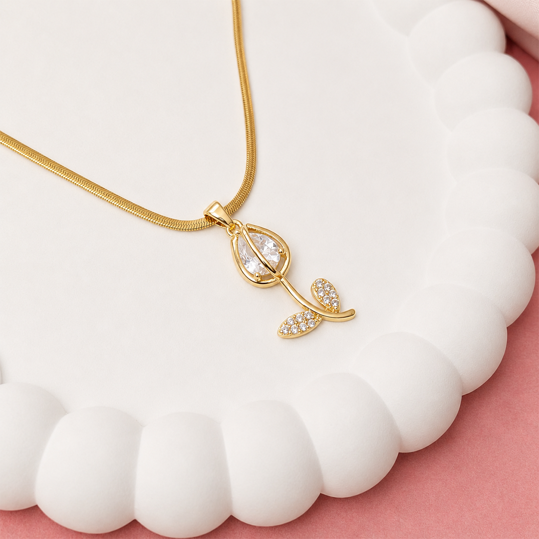CZ Stone Centerpiece & Crystal Accented Leaves Tulip Pendant for Girls & Women