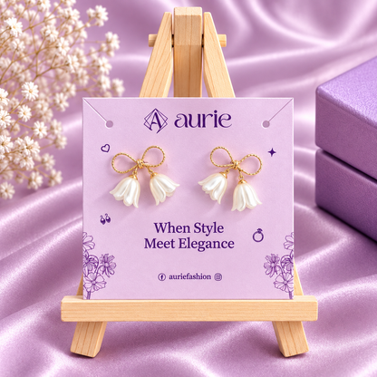 Gold Tone Bow Floral Drop Korean Earrings for Women & Girls