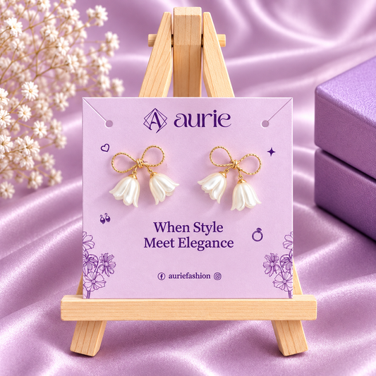 Gold Tone Bow Floral Drop Korean Earrings for Women & Girls