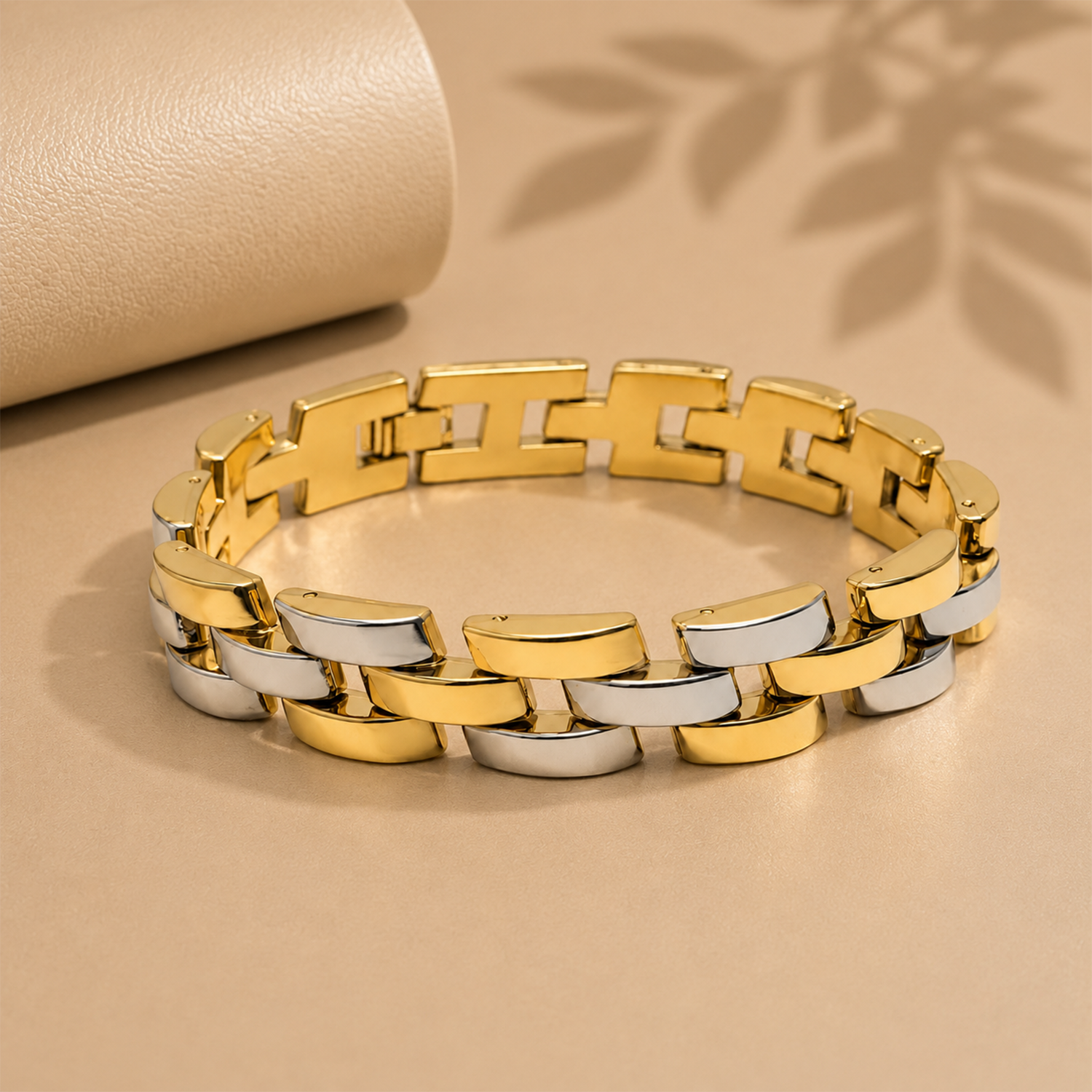 Intricate Dual Row Herringbone Texture Stainless Steel Bracelet For Men