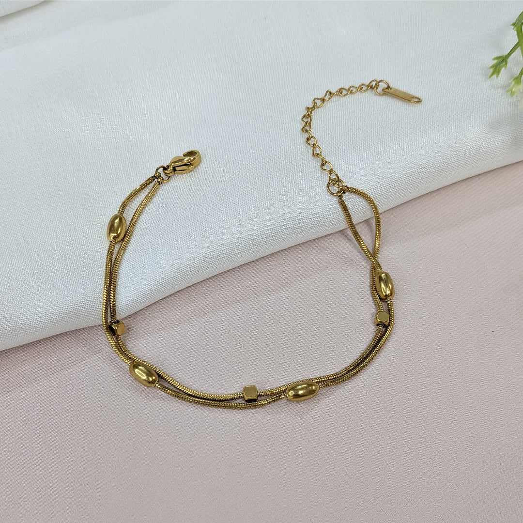 Gold Finish Designer Oval & Rectangle Beads Dual Chain Bracelet For Girls & Women (Anti-Tarnish)
