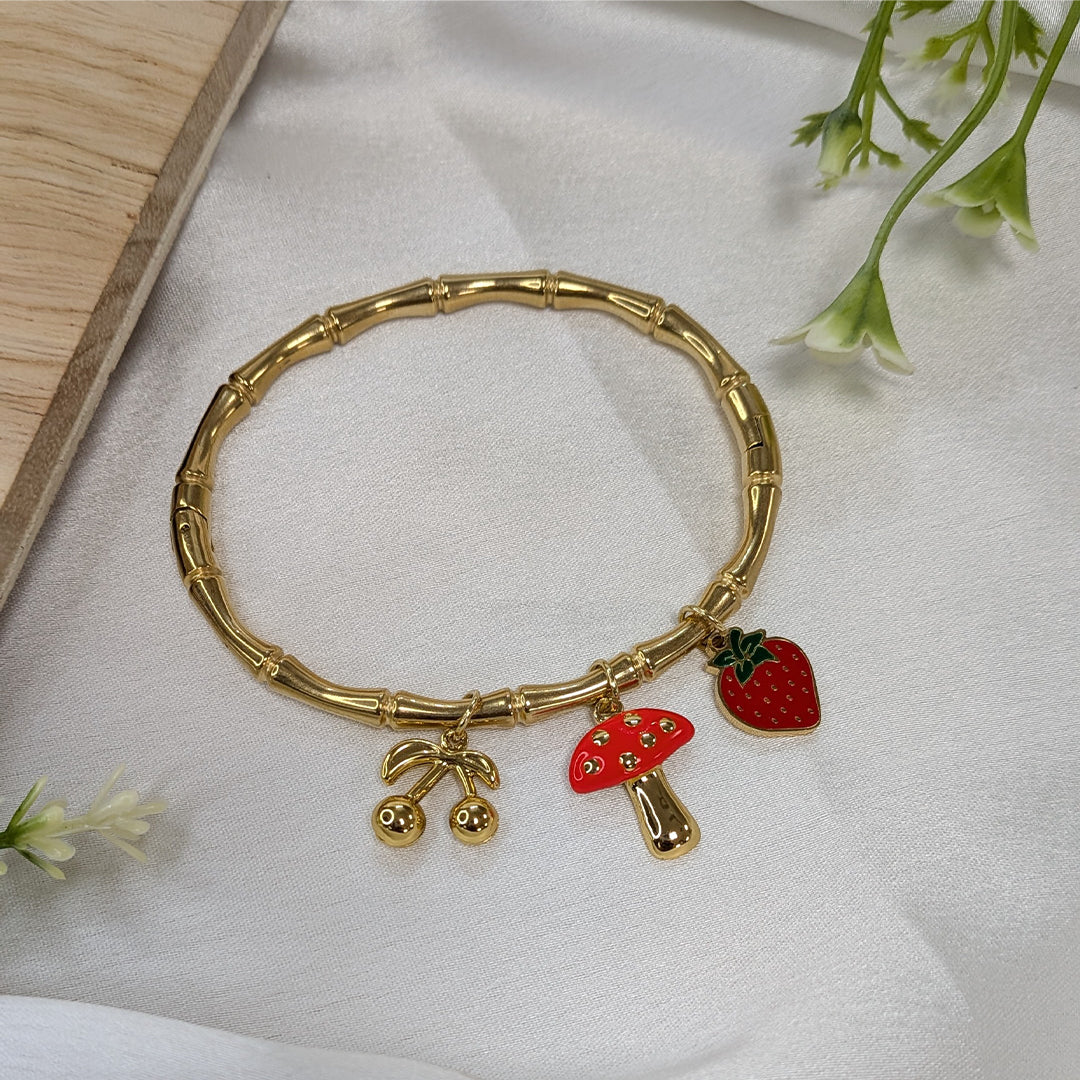 Gold Finish Fruit & Mushroom Charm Bracelet For Girls & Women