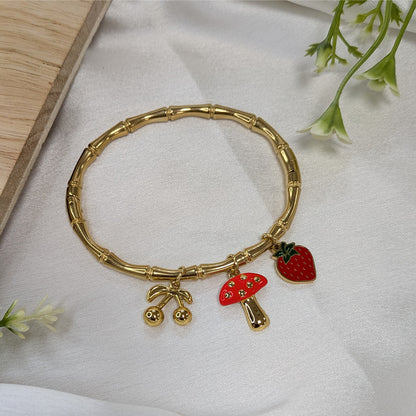 Gold Finish Fruit & Mushroom Charm Bracelet For Girls & Women