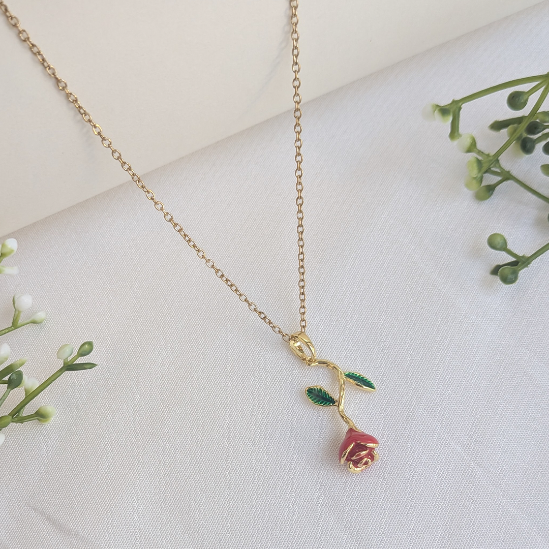 Gold Plated Red Enamel Rose Flower Pendant For Girls & Women