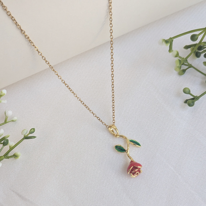 Gold Plated Red Enamel Rose Flower Pendant For Girls & Women