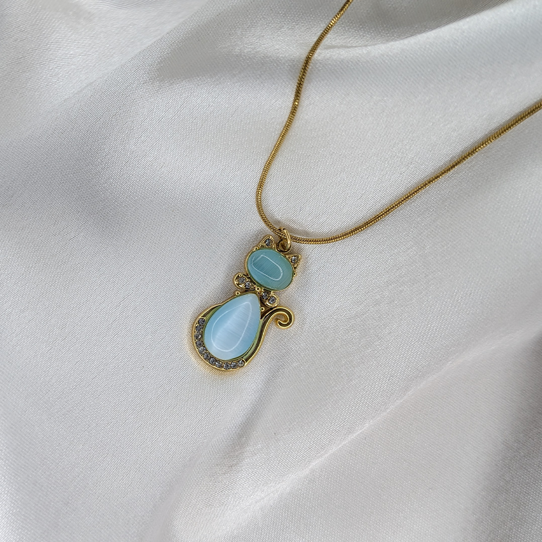 Gold Finish Crystal & Stone Kitty Charm Pendant for Women