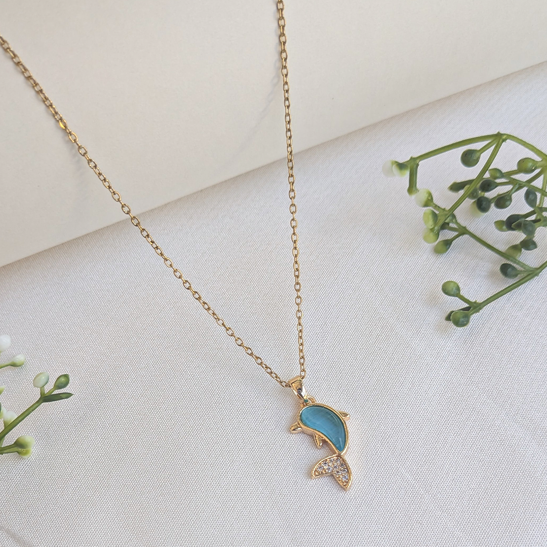 Gold Plated Blue Enamel Dolphin Pendant For Girls & Women