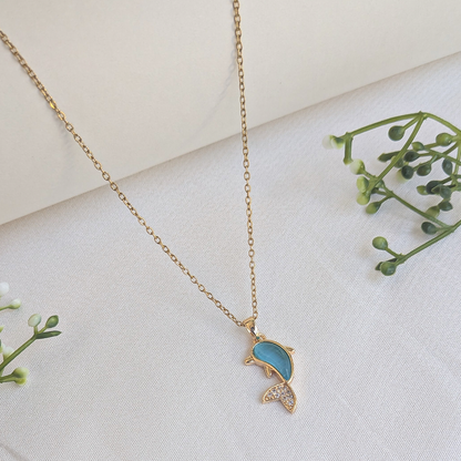 Gold Plated Blue Enamel Dolphin Pendant For Girls & Women