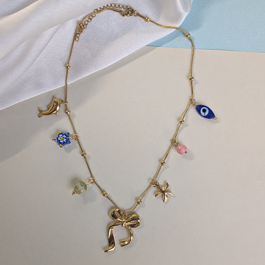 18K Gold Plated Glamorous Bow with Evil Eye Charm Pendant (Anti Tarnish)