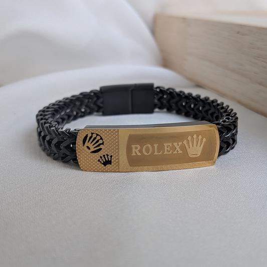 Rolex Brand Inspired Black Woven Stainless Steel Bracelet With Clasp For Men