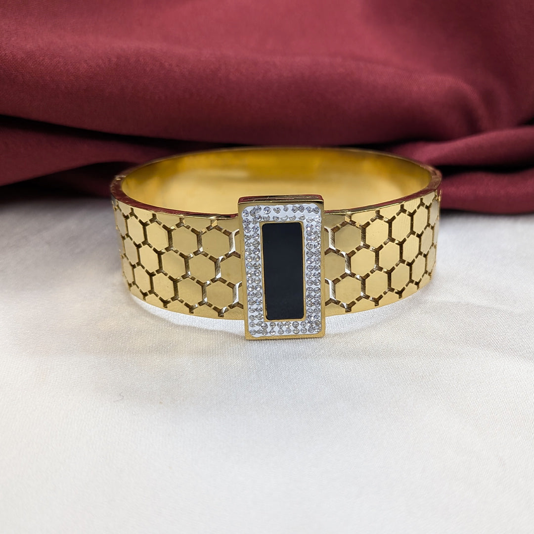18K Gold Plated Hexa-Cut Cuff Bracelet with Enamel Centerpiece (Anti Tarnish)