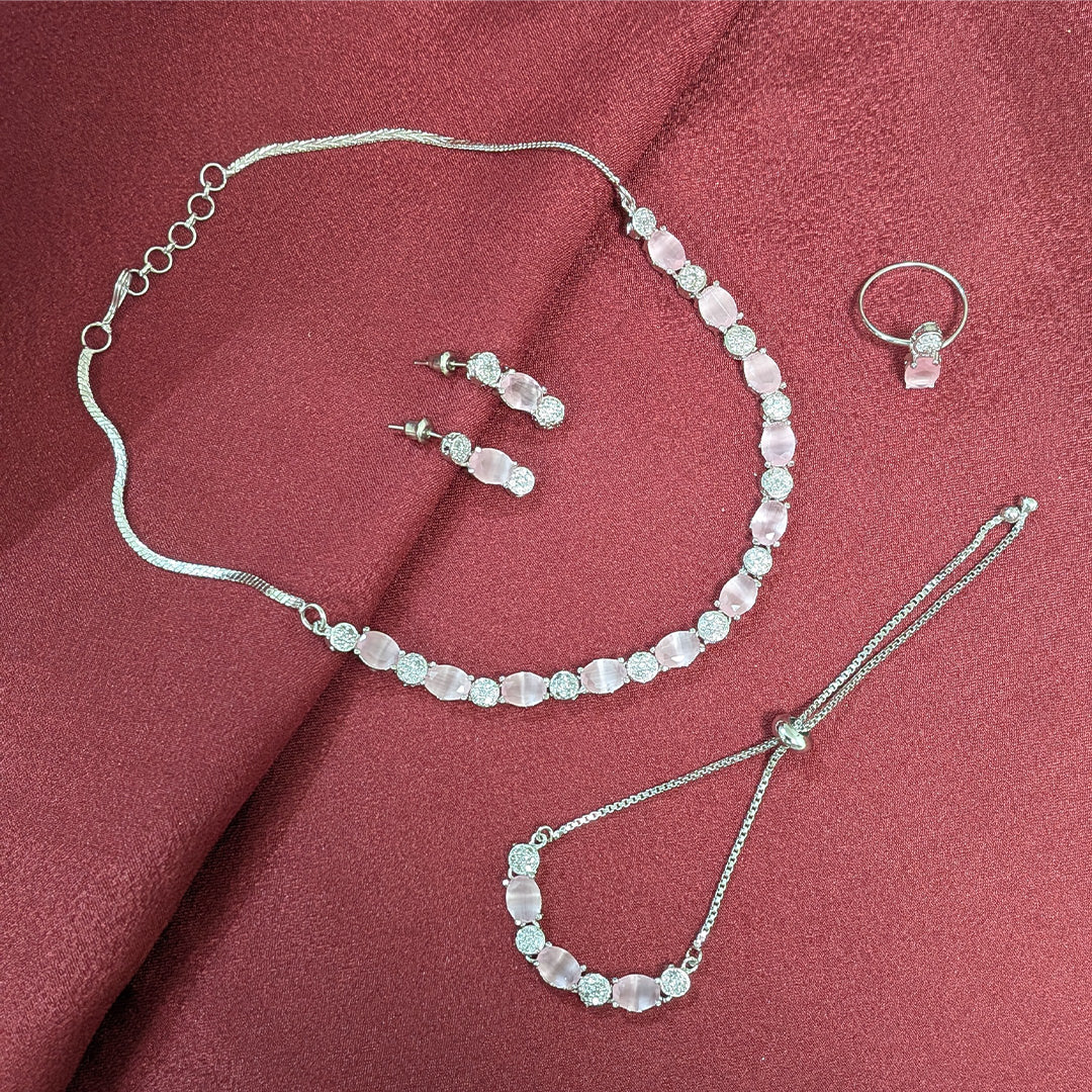 Silver Finish Oval AD Stone Jewellery Set with Earrings, Bracelet & Ring for Girls & Women