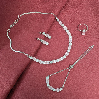 Silver Finish Oval AD Stone Jewellery Set with Earrings, Bracelet & Ring for Girls & Women